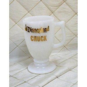 Vintage  Disneyland Milk Glass Mug Footed Cup Chuck Gold Writing White
